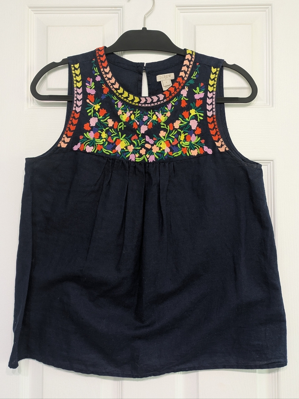 J Crew Factory Navy Embroidered Sleeveless Top with Colorful Floral Yoke
